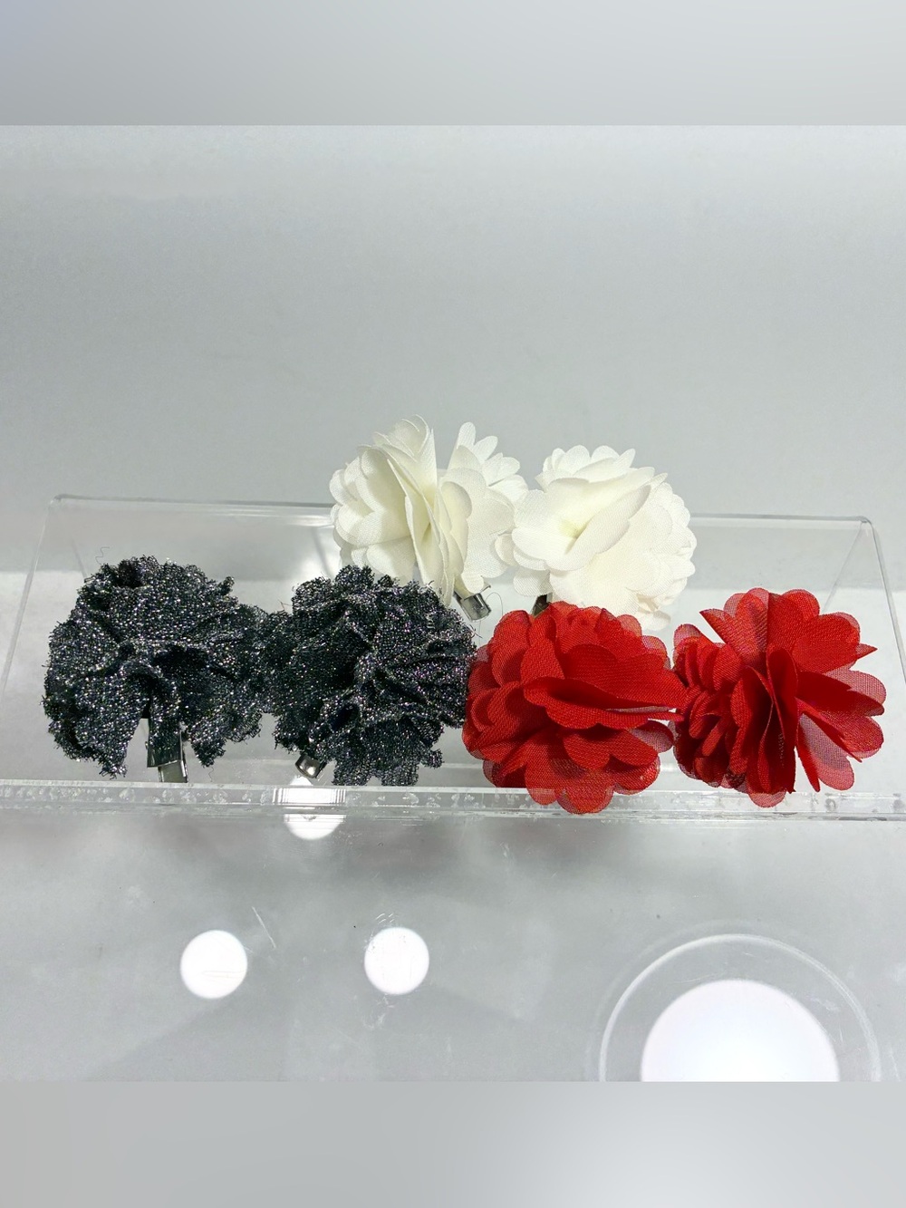 Set of 6 Chiffon Flower Hair Clips Ivory, Silver & Black, Red 2” Alligator Clips